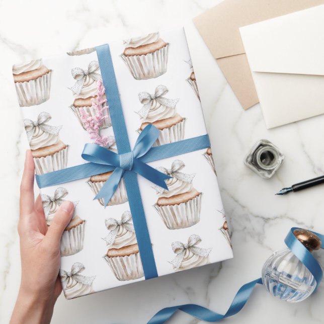 Papier Cadeau Glitzy Silver White Cupcakes Bow Birthday (Cadeaux)