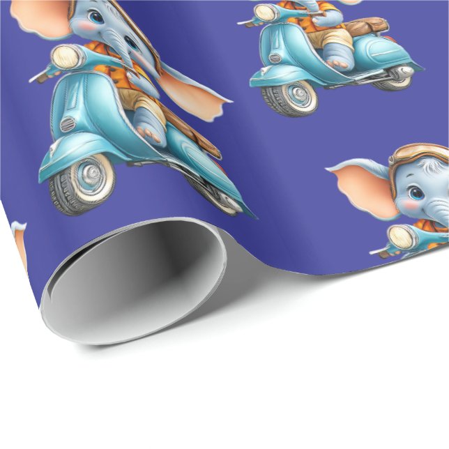 Papier Cadeau Glossy Wrapping Paper Blue Elephant Scooter  (Coin rond)