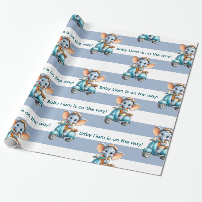 Papier Cadeau Glossy Wrapping Paper Blue & White Stripe Elephant (Déroulé)