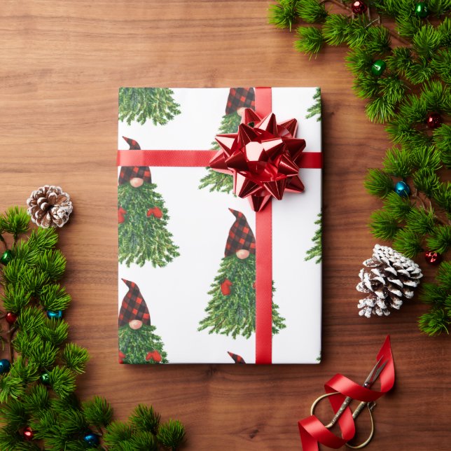 Papier Cadeau Gnome Christmas Tree Buffalo Check mignonne Holida (Cadeau de vacances)