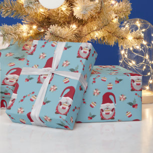 Papier Cadeau Gnome de Noël bleu avec gâteau