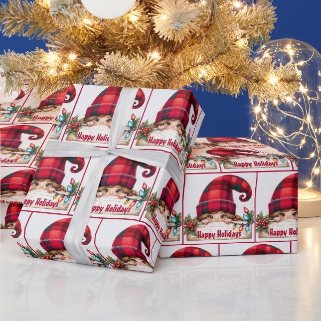 Papier Cadeau Gnome Fille De Noël Avec Casquette Plaid (Vacances)