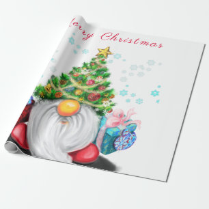 Papier Cadeau Gnome mignonne avec arbre de Noël Casquette et cad