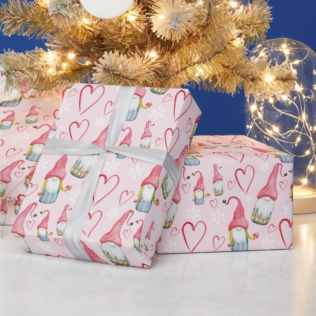 Papier Cadeau Gnome rose de Noël mignonne dans l'amour (Vacances)