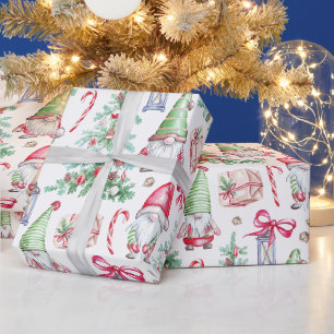 Papier Cadeau Gnomes aquarelle de Noël, sapins de Noël