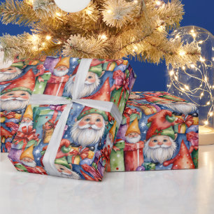 Papier Cadeau Gnomes de Noël et cadeaux à l'aquarelle charmants