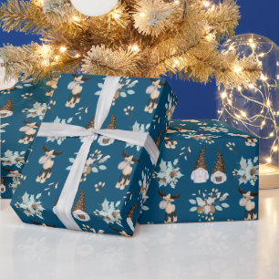 Papier Cadeau Gnomes de Noël et orignal en bleu