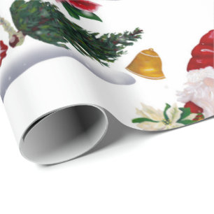 Papier Cadeau Gnomes de Noël festifs, poinsettia et cloches