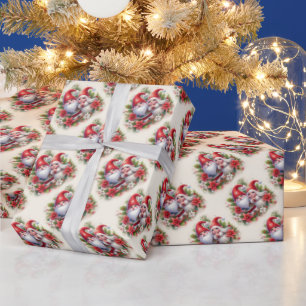 Papier Cadeau Gnomes de Noël mignons et Poinsettias
