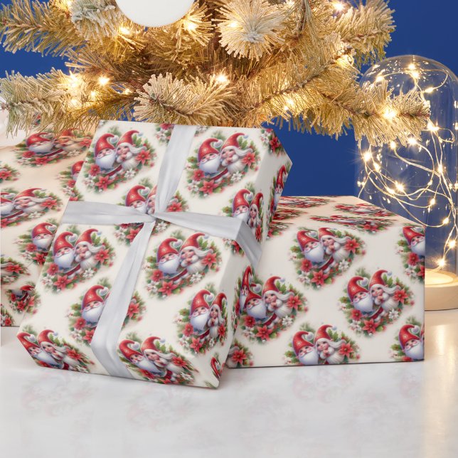 Papier Cadeau Gnomes de Noël mignons et Poinsettias (Vacances)