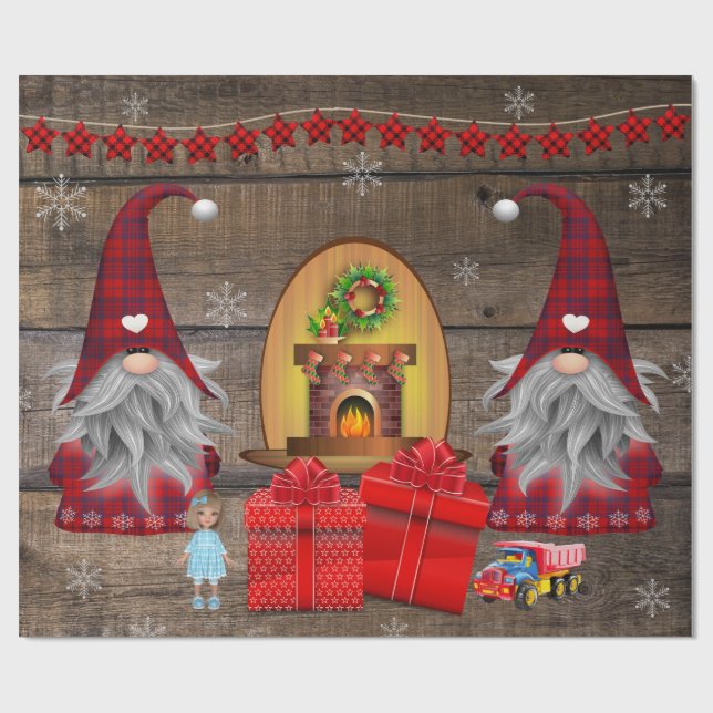 Papier Cadeau Gnomes de Noël présente un feuillet d'enrobage rus (Plat)