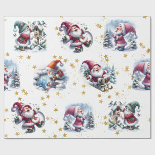 Papier Cadeau Gnomes de Père Noël et étoiles d'or