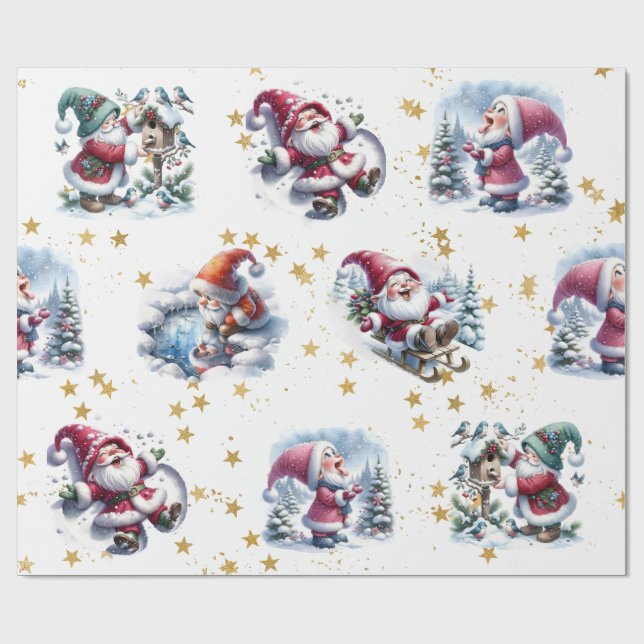 Papier Cadeau Gnomes de Père Noël et étoiles d'or (Plat)