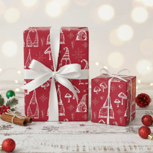 Papier Cadeau Gnomes rouges de Noël, champignons et flocons de n