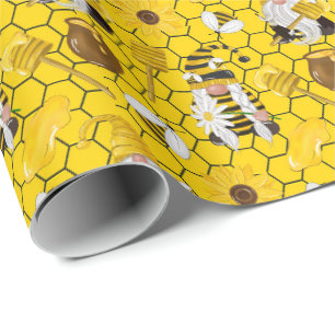 Papier Cadeau Gnomes Tournesols Jaunes Abeilles Miel