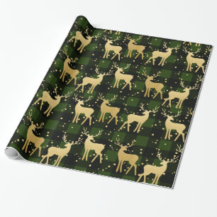 Papier Cadeau Gold Antler Reindeer Green   Buffalo Plaid Motif