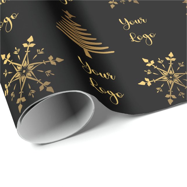 Papier Cadeau Gold Black Chic Christmas Tree Retail Logo personn (Coin rond)
