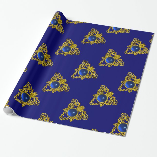 Papier Cadeau GOLD CELTIC HEART, BLUE SAPPHIRE, Saint Valentin (Déroulé)