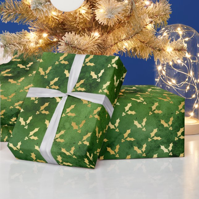 Papier Cadeau Gold Christmas Holly sur Green (Vacances)