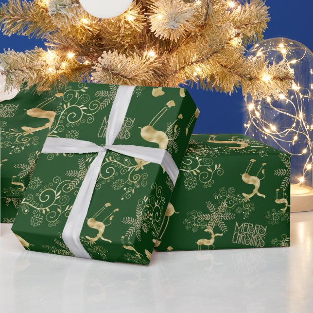 Papier Cadeau Gold Christmas Reindee sur Green (Vacances)