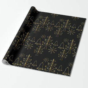 Papier Cadeau Gold Christmas Tree Bell et Snowflake Motif