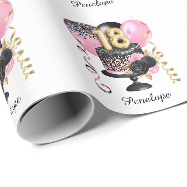 Papier Cadeau Gold et Black Cake 18e anniversaire Nom (Coin rond)