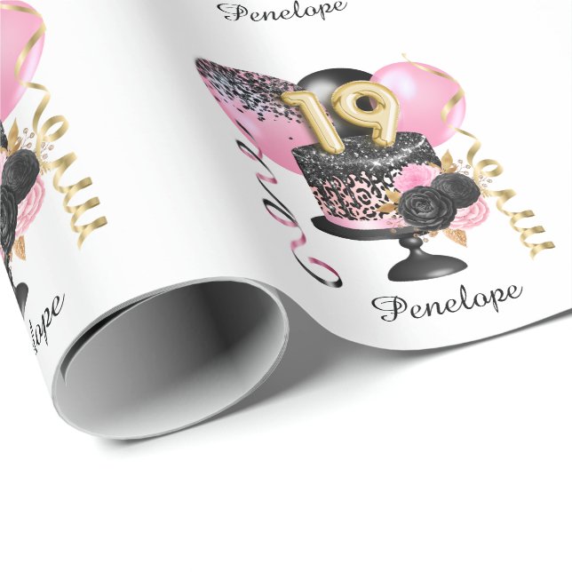 Papier Cadeau Gold et Black Cake 19e anniversaire Nom (Coin rond)