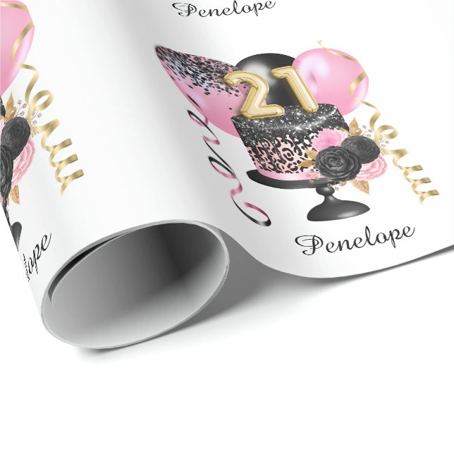 Papier Cadeau Gold et Black Cake 21e anniversaire Nom (Coin rond)