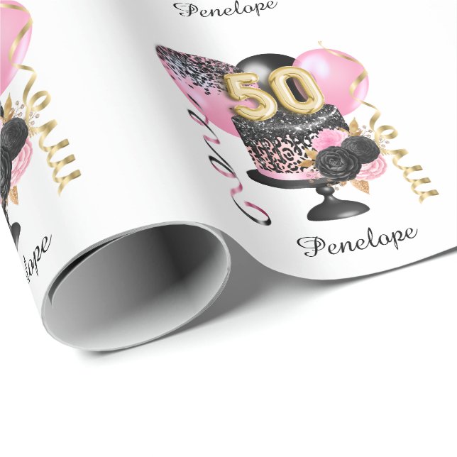 Papier Cadeau Gold et Black Cake 50e anniversaire Nom (Coin rond)