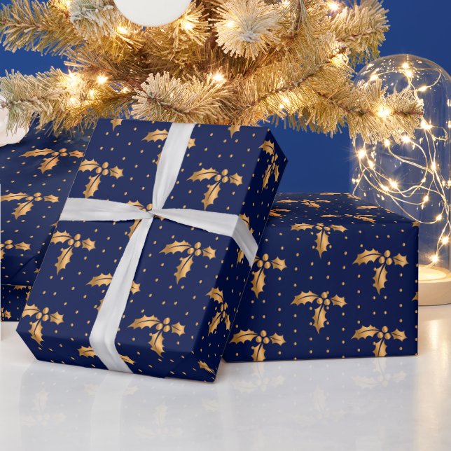 Papier Cadeau Gold et Navy Blue Christmas Holly (Vacances)