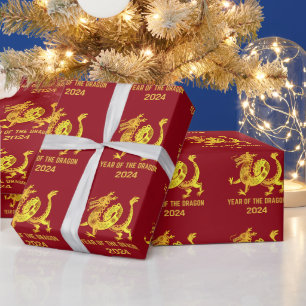 Papier Cadeau Gold Gradient Année Du Dragon 2024 Zodiac Rouge