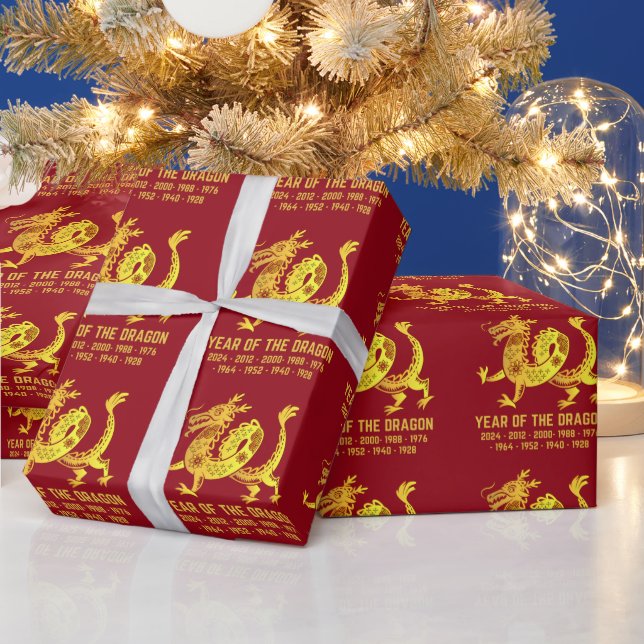 Papier Cadeau Gold Gradient Année Du Dragon Zodiac Rouge (Vacances)