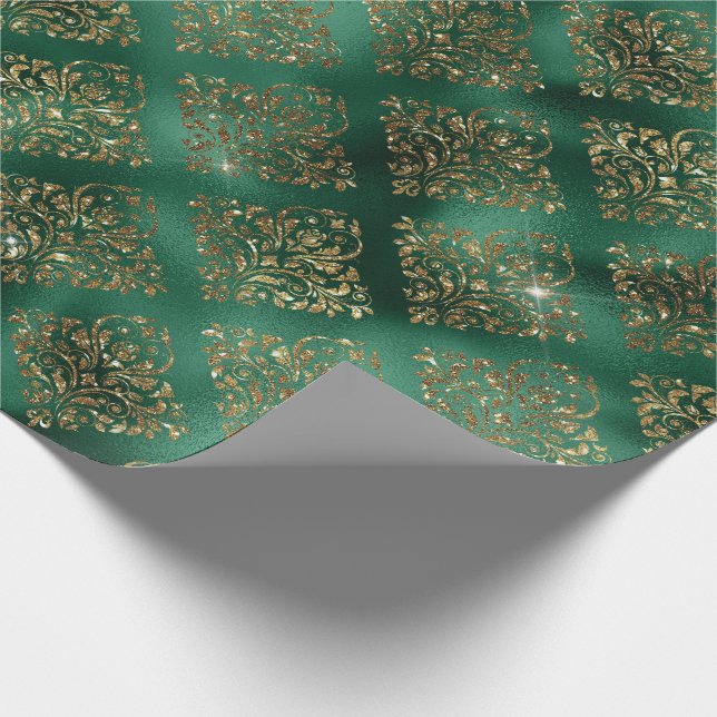 Papier Cadeau Gold Green Damask Elegant Chic Christmas (Coin)