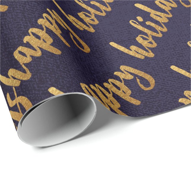 Papier Cadeau Gold Happy Holidays Script Deep Blue Navy (Coin rond)