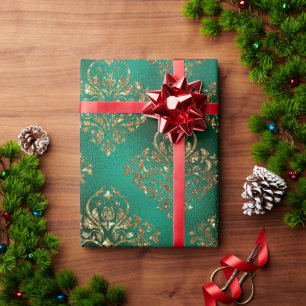 Papier Cadeau Gold Holiday Noël Métal Damas Élégant