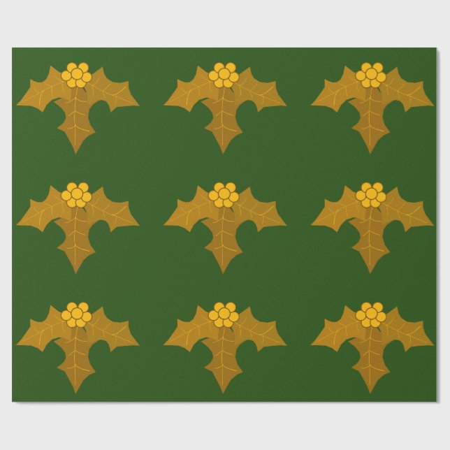 Papier Cadeau Gold Holly sur papier d'enveloppement vert foncé (Plat)
