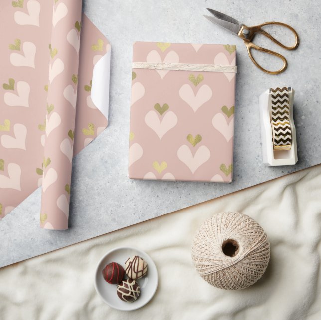 Papier Cadeau Gold Pink Hearts Valentine's Day Wrapping Papier (Artisanat)