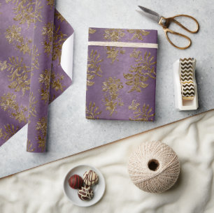 Papier Cadeau Gold & Purple Damask Faux Velvet Christmas