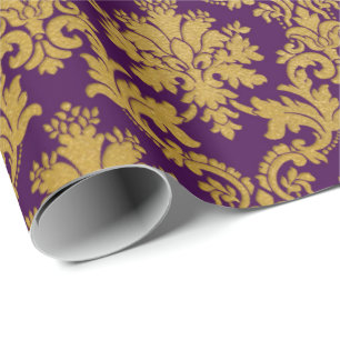 Papier Cadeau Gold Royal Damask Floral Purple Plum Baroque