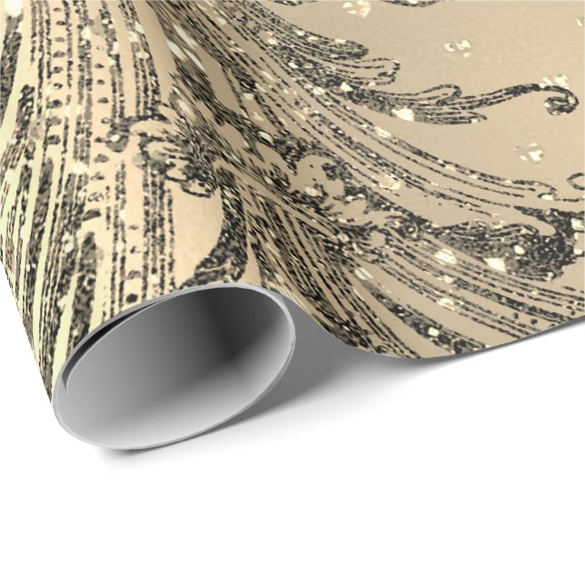 Papier Cadeau Gold Royal Damask Hearts Black French Sepia Faux (Coin rond)
