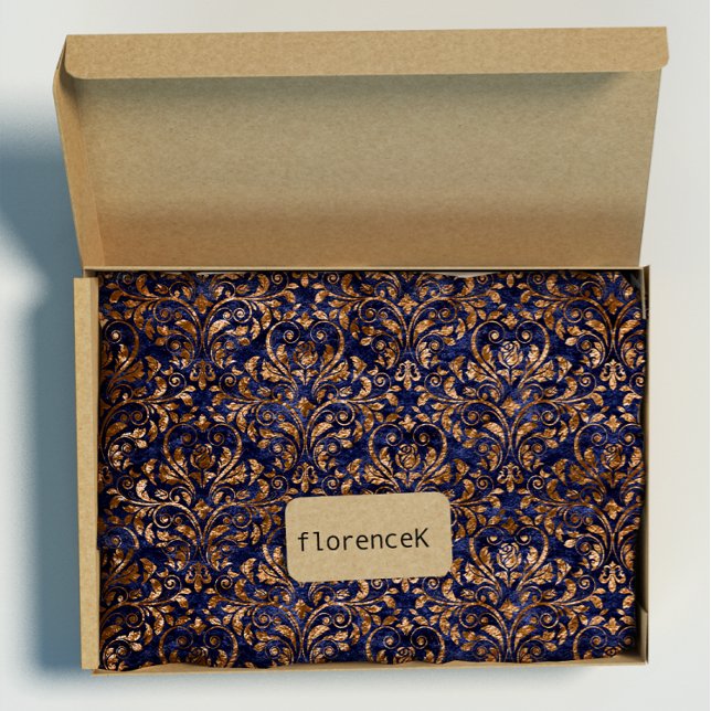 Papier Cadeau Gold Royal Damask Velours concassé Blue Navy Cuivr (Gold Royal Damask Crushed Velvet Blue Navy Copper Wrapping Paper)