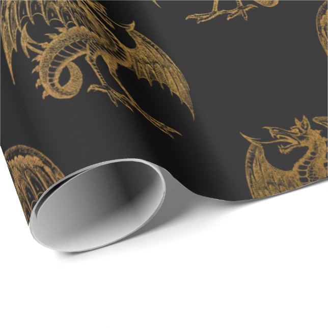 Papier Cadeau Gold Royal Dragon King Couronne Noir Noir Heraldiq (Coin rond)