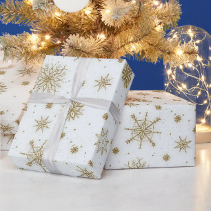 Papier Cadeau Gold Snowflakes Design blanc