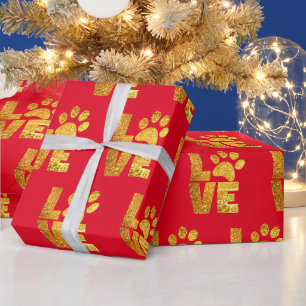 Papier Cadeau Gold Sparkle - Amour Empreinte de patte sur rouge