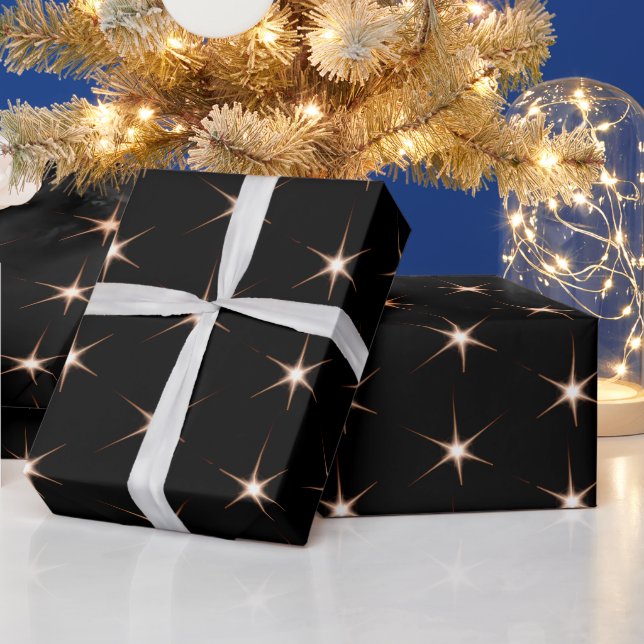 Papier Cadeau Gold Star Flares sur noir (Vacances)