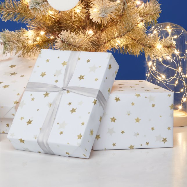 Papier Cadeau Gold Stars Design blanc (Vacances)