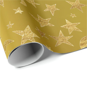 Papier Cadeau Gold Stars Lune Ciel Métallurgique Moutarde Jaune
