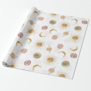Papier Cadeau Gold Sun Moon Planètes Space Illustration blanche