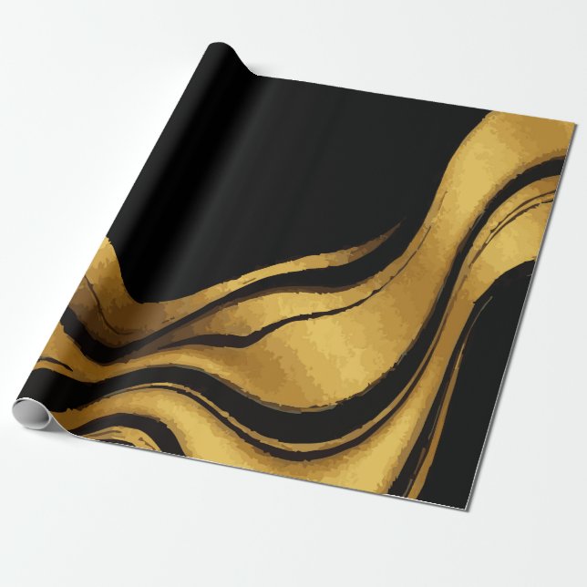 Papier Cadeau Gold Swirl on Black Pattern – Elegant Luxury Gift  (Déroulé)