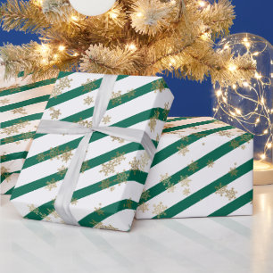 Papier Cadeau Gold White Green Noël Snowflake Motif